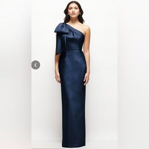 Dessy Oversized Bow One-Shoulder Satin Column Maxi Dress in Midnight Navy